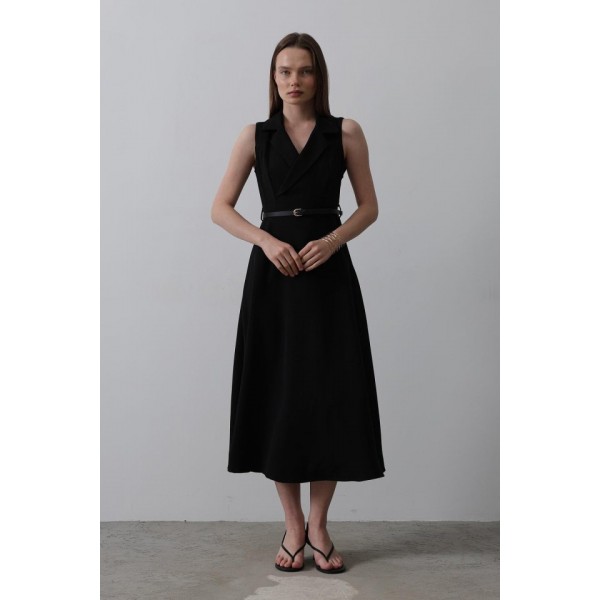 Sıfır Kollu Kemer Detaylı Elbise - Siyah