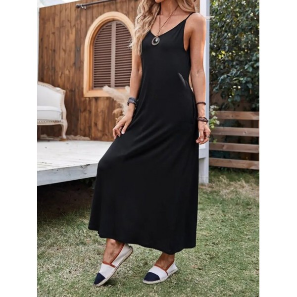 Kadın Ip Askılı Derin Geniş V Yakalı Uzun Viskon Elbise