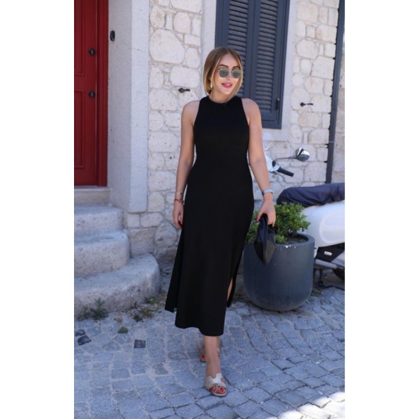 Kadın Omuzlardan Açık Arkadan Aksesuar Detaylı Yırtmaçlı Janjan Krep Elbise