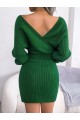 Kadın Uzun Kollu Kruvaze Geniş Yakalı Mini Triko Elbise