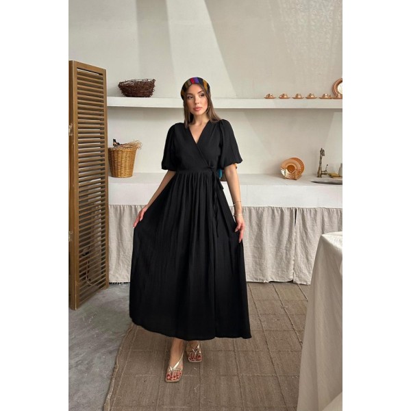Siyah Müslin Uzun Elbise