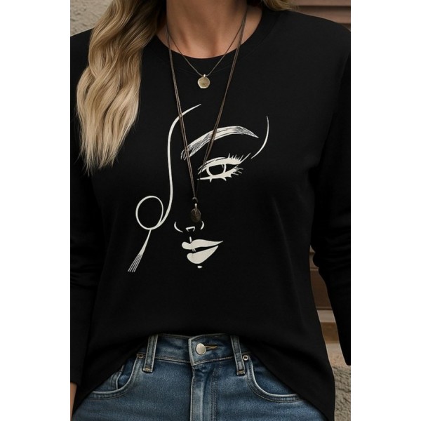 Kadın Uzun Kollu Bisiklet Yaka Yüz Desenli Viskon Bluz