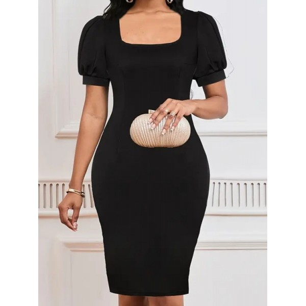 Kadın Kısa Kollu Geometrik Yaka Ithal Krep Elbise