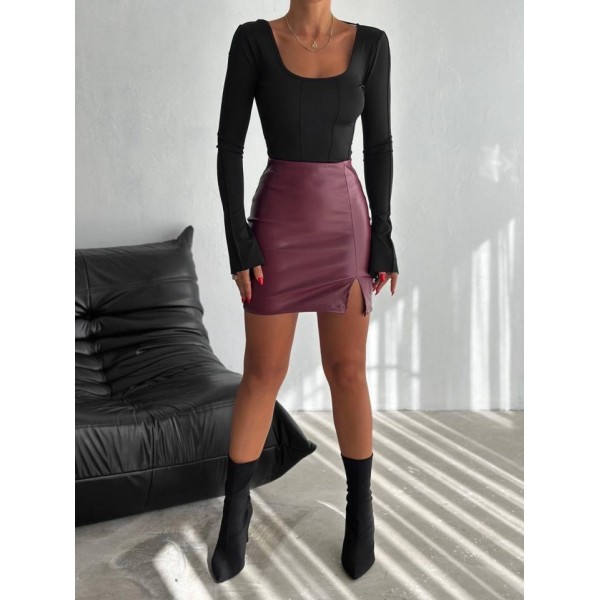 Kadın Yüksel Bel Yırtmaç Detay Mini Deri Etek