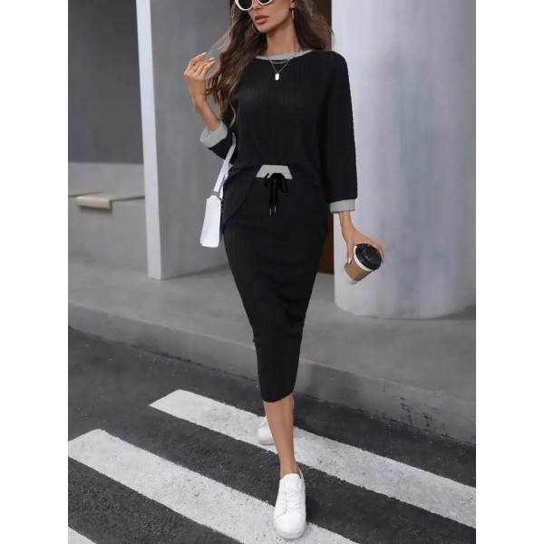 Kadın Uzun Kollu Yakası Açık şardonlu Kaşkorse Bluz Ve Eteği Bağcıklı Ikili Takım