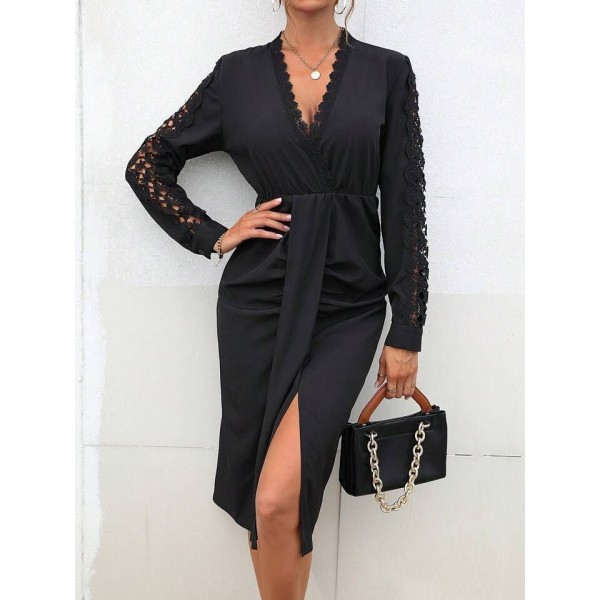 Kadın Uzun Kollu V Yakalı Dantel Detaylı Onu Büzgülü Midi Ithal Krep Elbise