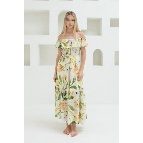 Madonna Yaka Elbise - Yeşil - Ekru