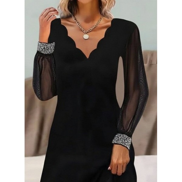 Kadın Uzun Kollu V Yaka Lazer Kesimli Tül Detaylı Mini Ithal Krep Elbise