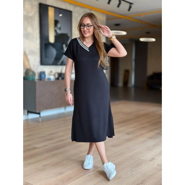 Kadın Kısa Kollu V Ribana Yakalı Yırtmaçlı Midi Viskon Iki Iplik Elbise