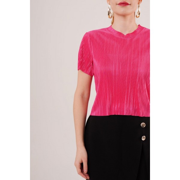 Fitilli Kısa Kollu Parlak Fuşya Bluz