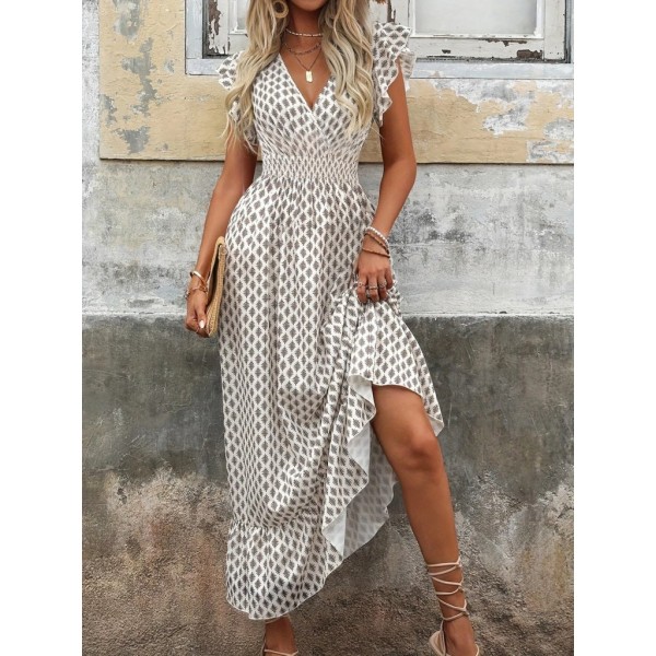 Kadın Kısa Kelebek Kollu Kruvaze Yakalı Desenli Süprem Elbise