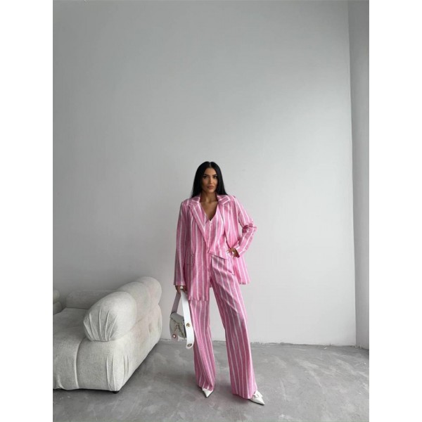 ÇİZGİLİ CEKET KETEN - Pembe