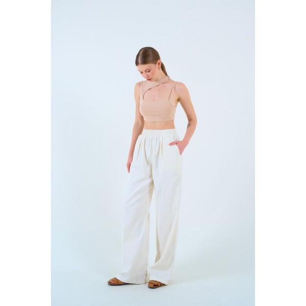 Beli Lastikli Palazo Pantolon - Taş