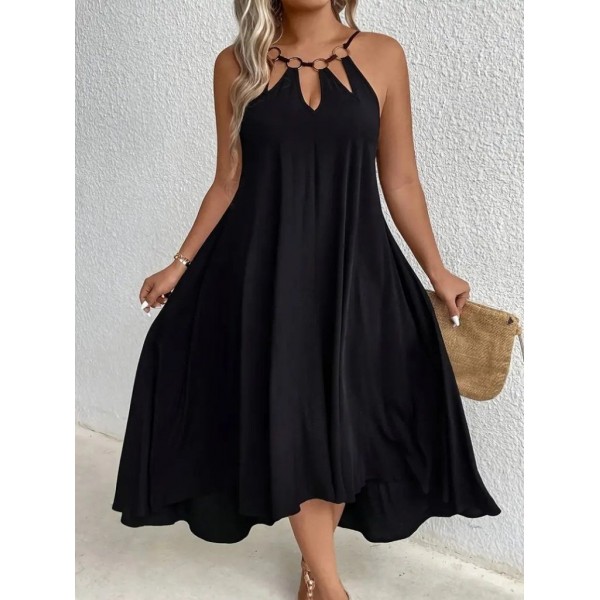 Kadın Boyundan Askılı Damla Detaylı Halkalı Asimetrik Kesim Viskon Elbise