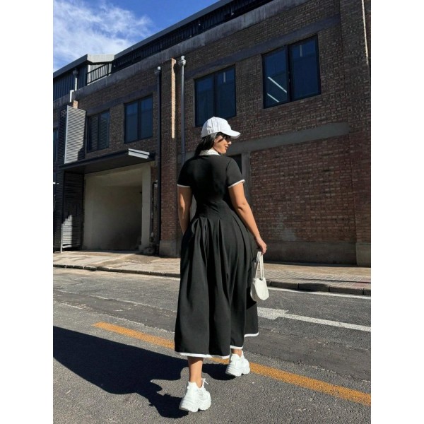 Kadın Kısa Kollu V Yakalı Pileli Uzun Janjan Krep Elbise