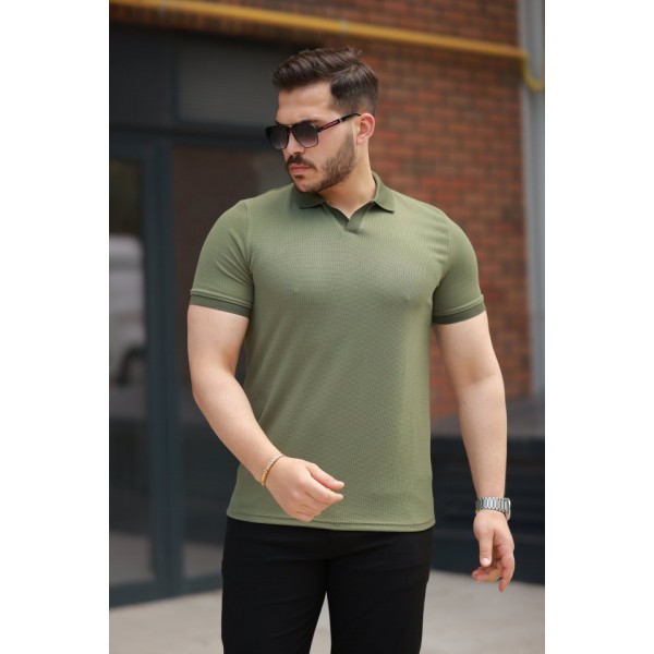 Erkek Yakalı Waffle Dokulu Kısa Kollu Tişört