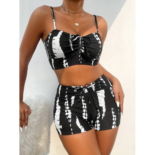 Kadın Büzgü Detay Askılı Cupsuz Crop Mini Tayt Ikili Takım