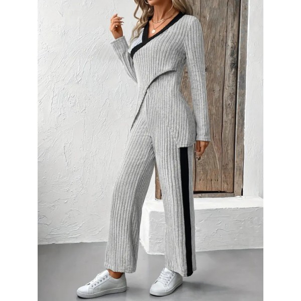 Kadın Uzun Kollu V Yakalı çapraz Detaylı şardonlu Kaşkorse Bluz Ve Pantolon Ikili Takım