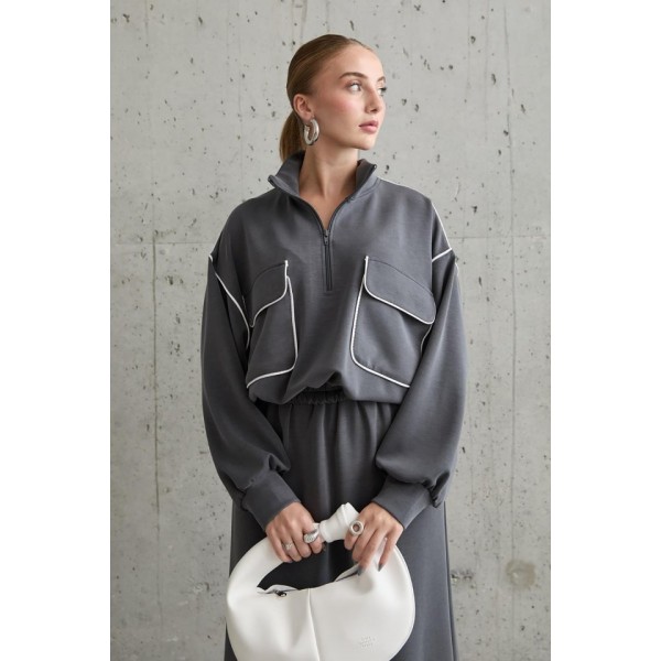 Füme Biyeli Sweatshirt Ve Etek Takım