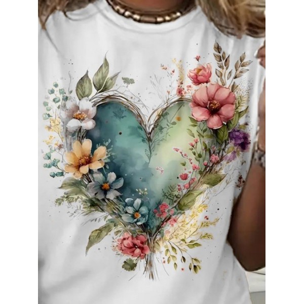 Kadın Kısa Kollu Bisiklet Yaka Kalp Desenli Süprem Bluz