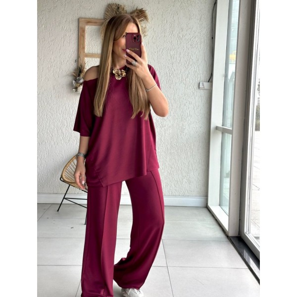 Kadın Tek Omuzdan Açık Geniş Kesim Viskon Iki Iplik Bluz Ve Pantolon Ikili Takım