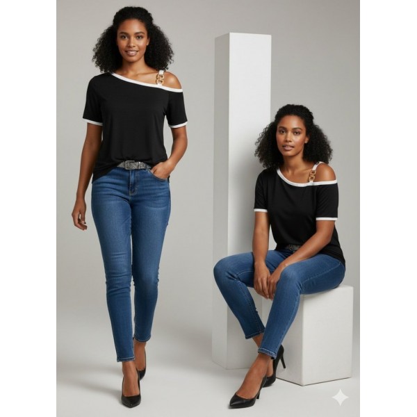 Kadın Kısa Kollu Tek Omuzu Açık Askı Toka Detaylı Viskon Bluz