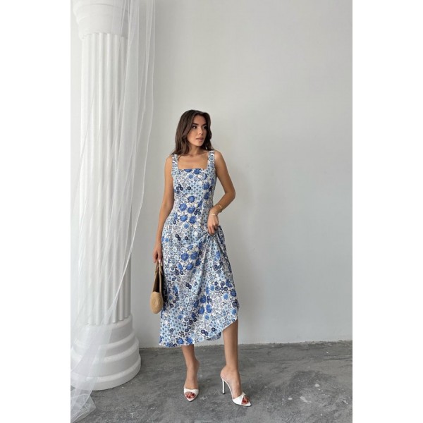 Mavi Çiçekli Viskon Elbise