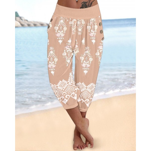 Kadın Beli Lastikli Etnik Desenli Kapri Süprem Pantolon