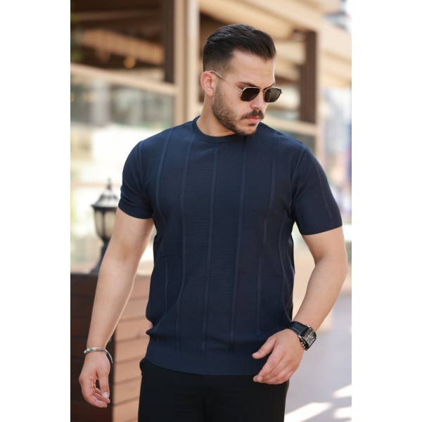 Erkek Desenli çizgi Kabartmalı Kısa Kollu Tişört