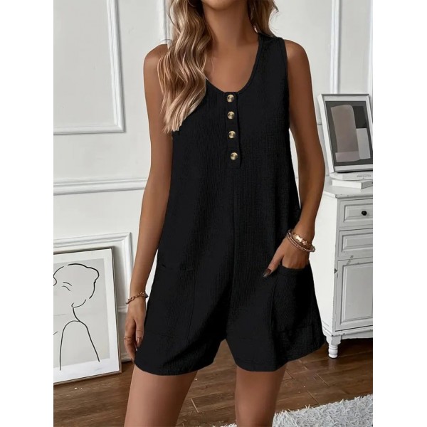 Kadın Askılı Yuvarlak Yaka Düğmeli Waffle Kısa Tulum