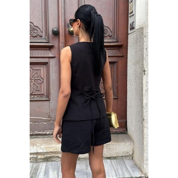 Gold Düğme Detaylı Yelek Şort Cotton Takım 10134-17