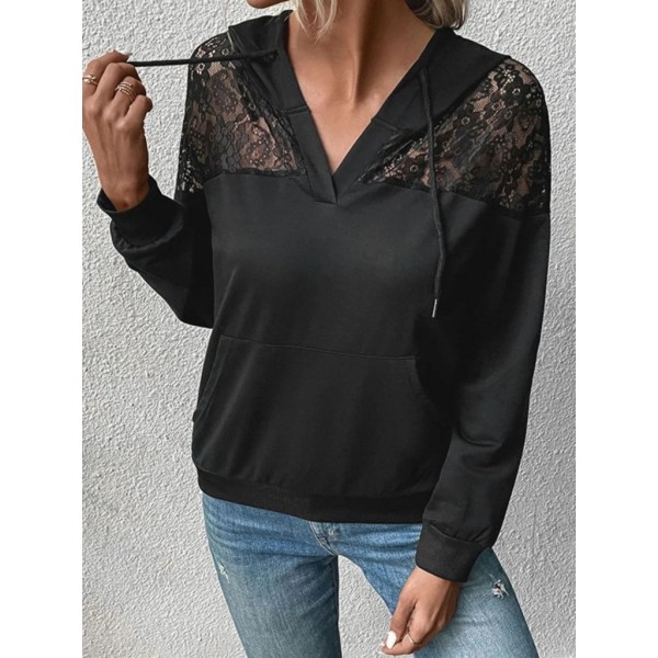 Kadın Uzun Kollu Kapşonlu Bağcıklı Dantelli Viskon Iki Iplik Bluz