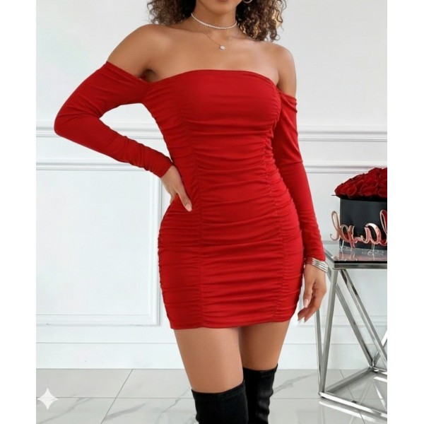 Kadın Uzun Kollu Omuzlardan Açık Takma Kollu Büzgülü Sandy Kısa Elbise