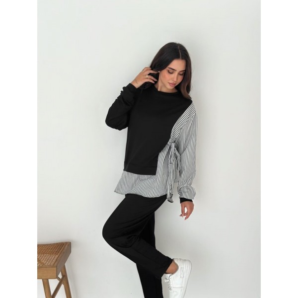 Kadın Gömlek Detay çizgili Yandan Bağlamalı Ikili Takım