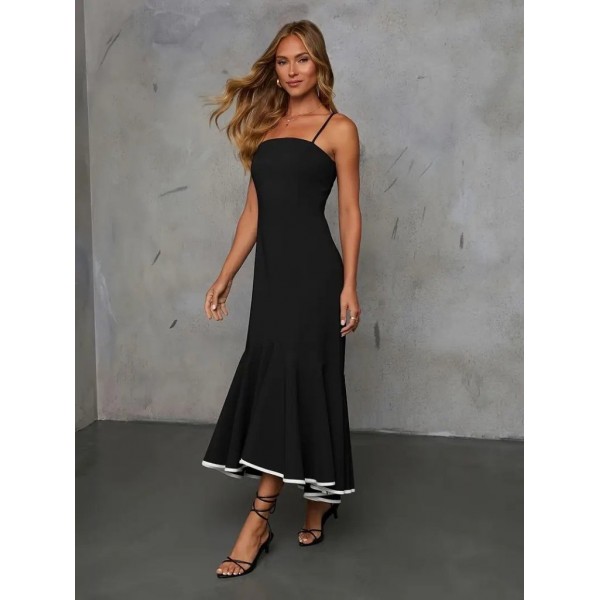 Kadın Ip Askılı Straplez Kesim Detay Maksi Boy Janjan Krep Elbise