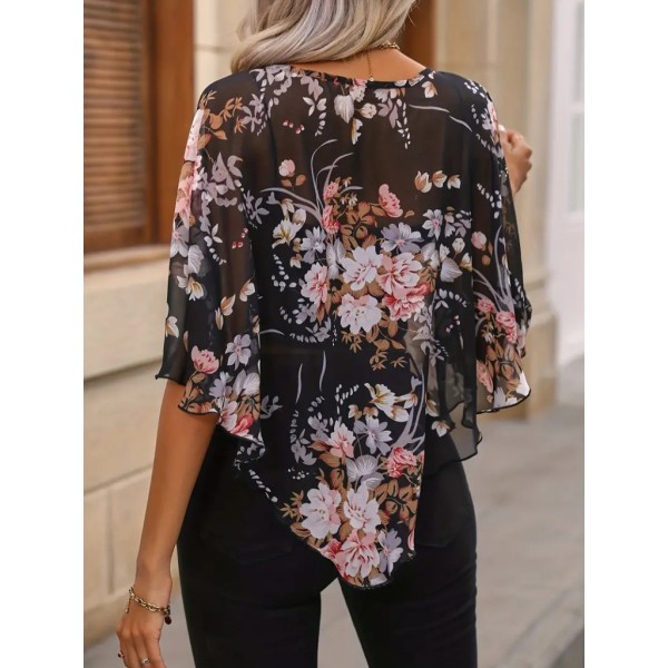 Kadın Kısa Kollu Yuvarlak Yaka çiçek Baskılı Asimetrik Kesim şifon Bluz
