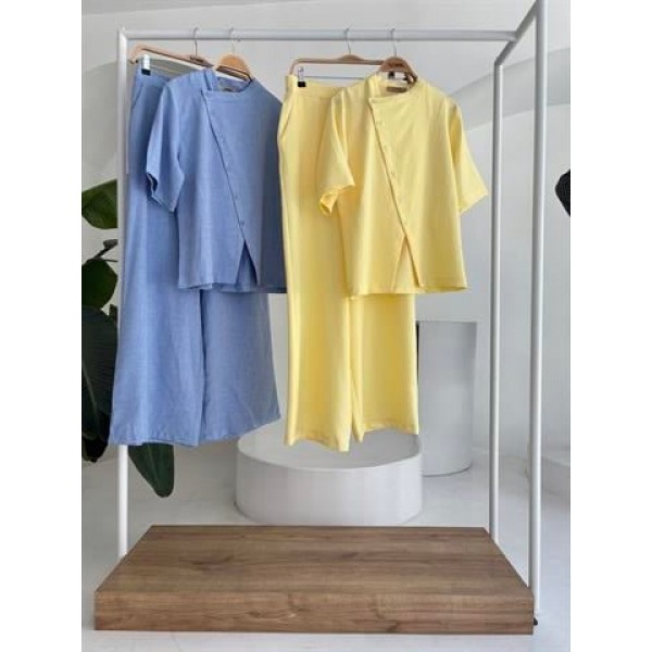 Hakim Yaka Çapraz Düğmeli Plazzo Pantolon Viscon Keten Takım 10209