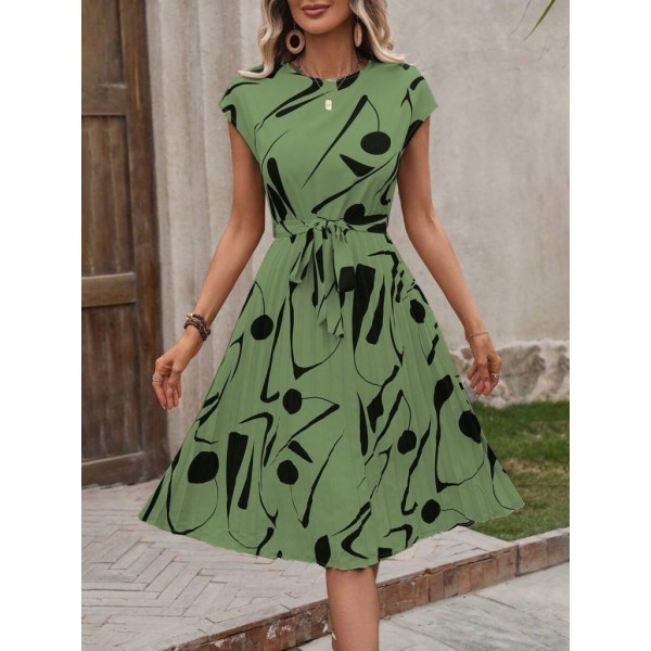 Kadın Kısa Yarasa Kollu Yuvarlak Yaka Beli Büzgülü Süprem Elbise