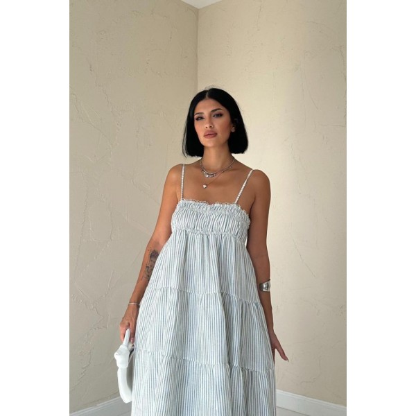 Mavi Askılı Parçalı Çizgili Müslin Elbise