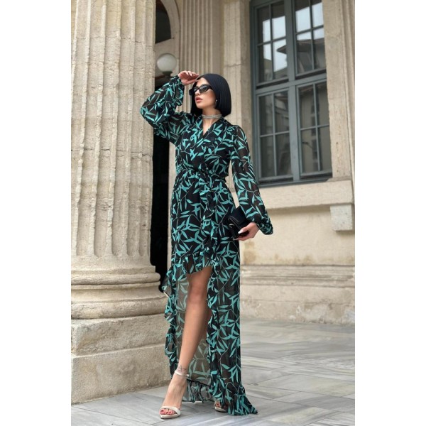 Desenli Desenli Fırfırlı Elbise