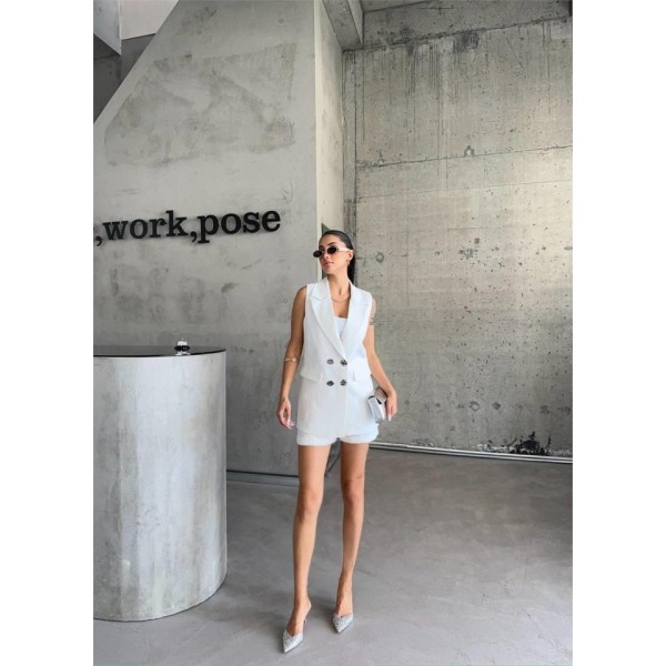 KETEN YELEK - ŞORT TAKIM - Beyaz