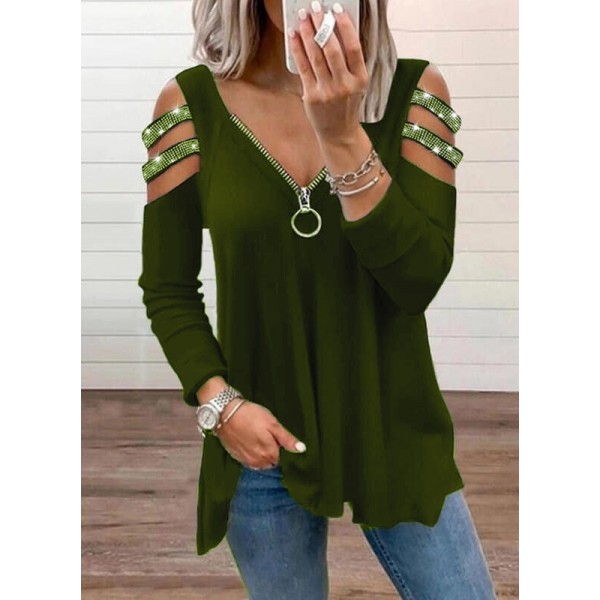 Kadın Haki Kolları Taş Işlemeli Uzun Kol Fermuarlı Viskon Bluz