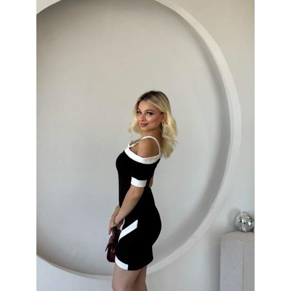 Kadın Kısa Kollu Asimetrik Kesim Yaka şerit Ve Aksesuar Detaylı Modal Elbise