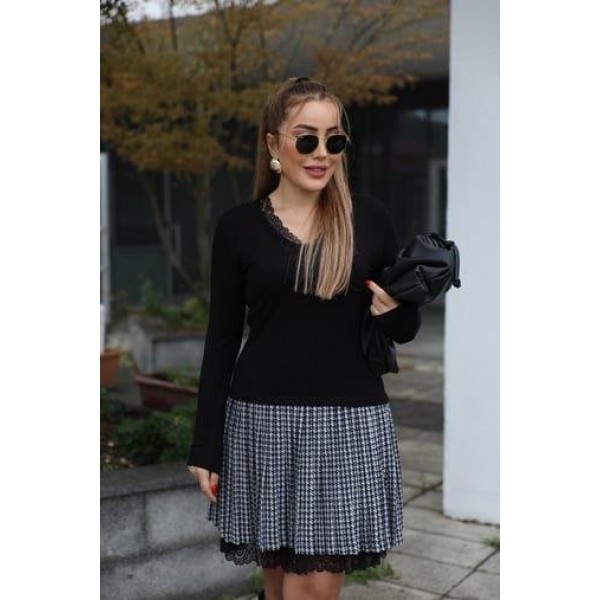 Kadın Uzun Kollu Denteli Yaka Ekose Etek Detay Diz üstü Elbise