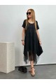 Kadın Viskon Kumaş Tül Detaylı Asimetrik Elbise