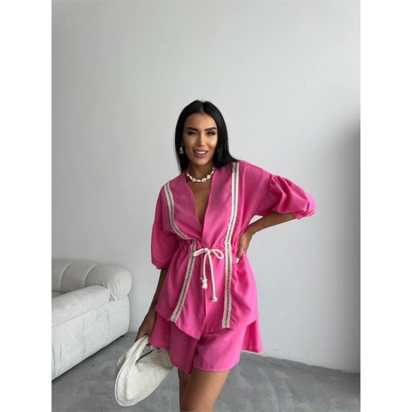 KETEN BEL BÜZGÜLÜ BLUZ-PANTOLON TAKIM - Fuşya