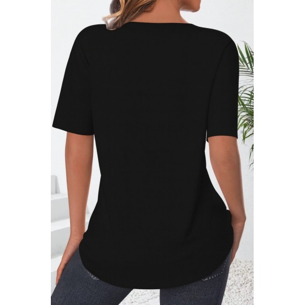 Kadın Kısa Kollu çentikli V Düğme Detaylı V Yaka önden Pileli Ithal Keten Bluz