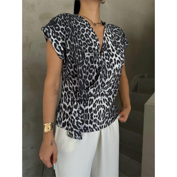 LEOPAR DESEN YANDAN BAĞLAMA DETAYLI BLUZ - Gri