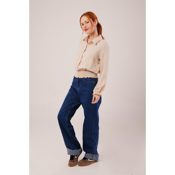 Bel Ve Bilek Lastikli Bej Bluz