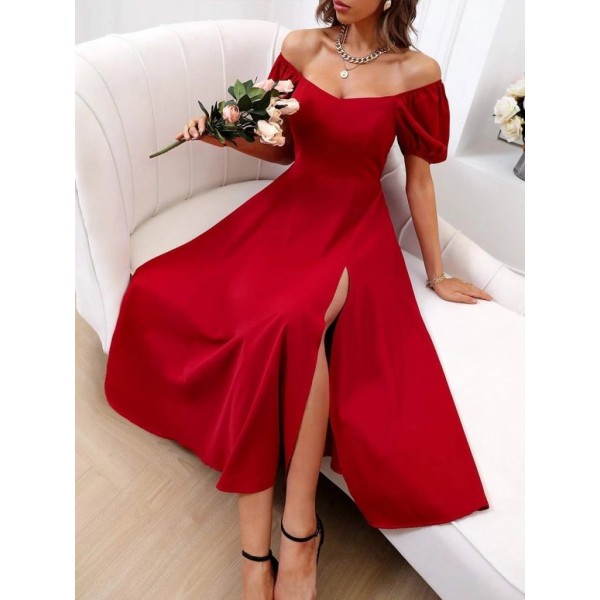 Kadın Kısa Kollu Kare Yakalı Yırtmaçlı Midi Janjan Krep Elbise